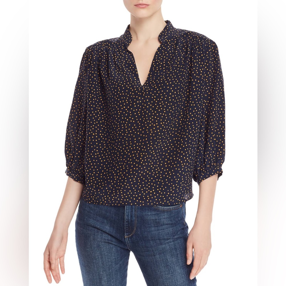 NWT Frame Cali Dot-Print Silk 3/4-Sleeve Blouse Navy Multi Size XS